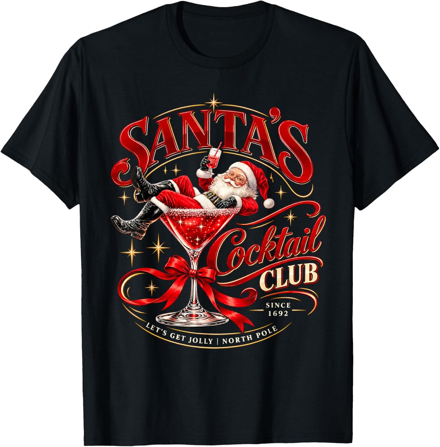 Santa's Cocktail Club Funny Christmas Martini Xmas Drinking T-Shirt - Trending Amazon merch on demand shirt with BSR 866,046